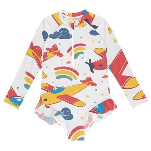 Girls One Piece Swimsuits Long Sleeve Swimsuit Zipper Bathing Suits Airplane Red Childish Doodle - Main Image