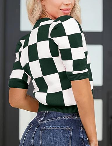 Image of Womens Puff Short Sleeve Sweater Tops Crewneck Basic Knit Pullover Lightweight Casual Sweaters