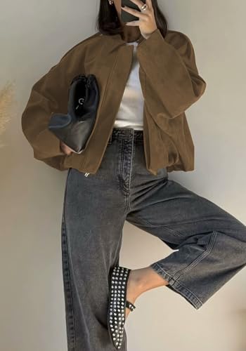 Ptorlio Womens Faux Suede Bomber Jacket Casual Oversized Cropped Zip Up Y2k Trendy Coat Fall Jackets Streetwear3