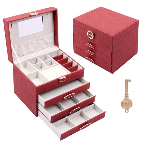Image of BucketList Luxury PU Leather Jewellery Organizer Box with Mirror & Lock | 3 Drawer Jewelry Storage Case with Ring Rolls & Compartments (4 Drawers Jewelry Box with Mirror (Red))