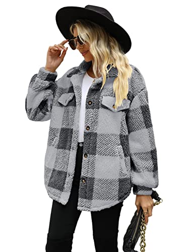 Nirovien Womens Plaid Sherpa Jacket Shacket Button Down Fleece Coat Long Sleeve Fuzzy Outwear With Pockets(Grey Plaid,2Xl) #TOP3