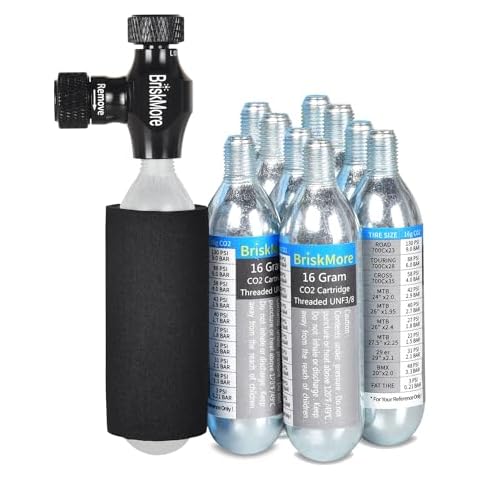BriskMore CO2 Inflator Kits with 9 X 16g CO2 Cartridges for Bike Tires, Presta and Schrader Valve Compatible, Bike Tire Pump for Mountain and Road Bicycles, Included Insulated Sleeve Cover