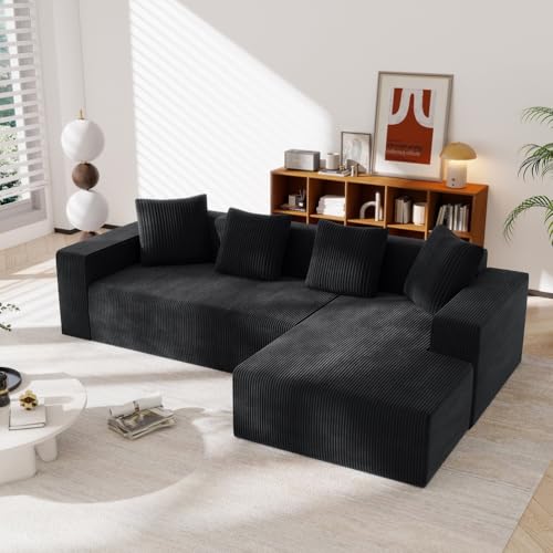 WENNEWU Sofá Modular Seccional, Sofá Sin Estructura, Sofá Moderno Tipo Nube De Pana con Asiento Profundo, Sofá En Forma De L, Chaise Longue Cama, para Sala De Estar, Sin Ensamblaje,Negro