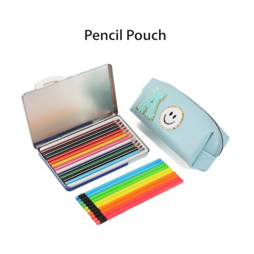 Image of AICA Gifts Personalized Leather Pencil Pouch (Blue) with Embroidered Alphabet & Patch | Pencil Pouch for Kids | Birthday Gift | Birthday Return Gift |Gift for Kids Age 6-10