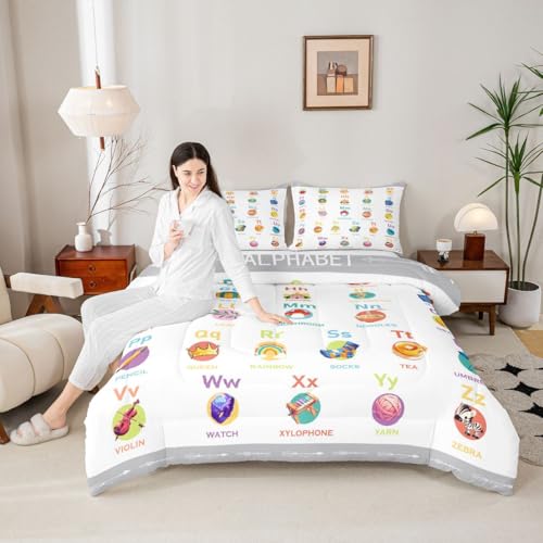 Image of Feelyou ABC Alphabet Bedding Set King Size, Cartoon Alphabet Comforter Numbers Alphabet Comforter Set Kids Toddler Educational Learning Duvet Set Microfiber Bed Set