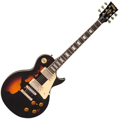 VINTAGE V100 ICON Electric Guitar ~ Distressed Black Over Sunburst
