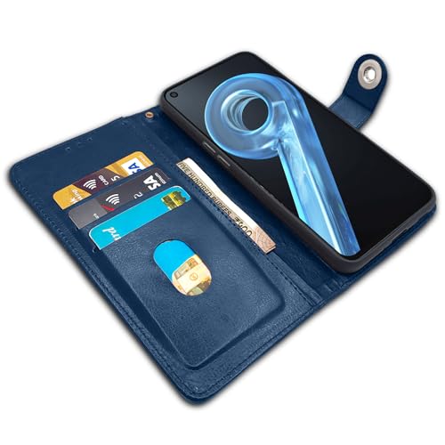 Image of Pikkme Realme 9i Flip Cover Leather Finish | Inside TPU with Card Pockets | Wallet Stand and Shock Proof | Complete Protection Button Flip Case (Blue)