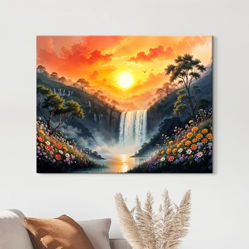 Image of ArtX Canvas Rising Sun Painting For Vastu, Big Size Wall Art Scenery, Water Stream, Waterfall Painting Vastu, Rising Sun Wall Decor, Multicolor, Nature, 58.0 X 45.0 cm, Set of 1