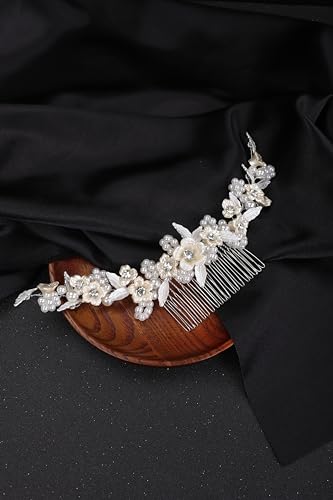 Rumtock Pente de cabelo longo com flores brancas e pérolas para mulheres, meninas, casamento, noiva,