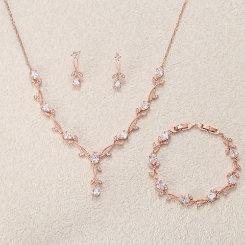 EVER FAITH Wedding Jewelry Set for Bride Bridesmaid, Rose Gold-Plated-Brass White Teardrop Cubic Zirconia Leaf Vine Bridal Prom Necklace Dangle Earrings Bracelet Sets for Women - Thumbnail 4