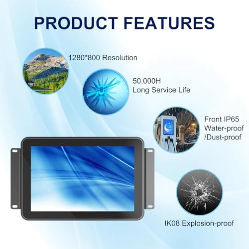 Image of 10-Point Multi-Touch Industrial Display, 10.1 Inch Open Frame Capacitive Touch Screen Monitor, 1280x800 10-Point LCD Display, IP65 Front Waterproof with HD-MI VGA Ports