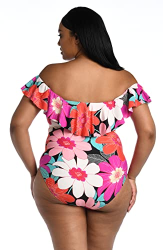 La Blanca Women's Off Shoulder Ruffle One Piece Swimsuit, Multi//In Full Bloom, 14 #TOP3
