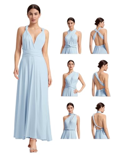 Ever-Pretty Robe Demoiselle d'honneur Femme Multi-Style sans Manches Robe de Soirée Longue Convertible Chic Bleu Ciel S