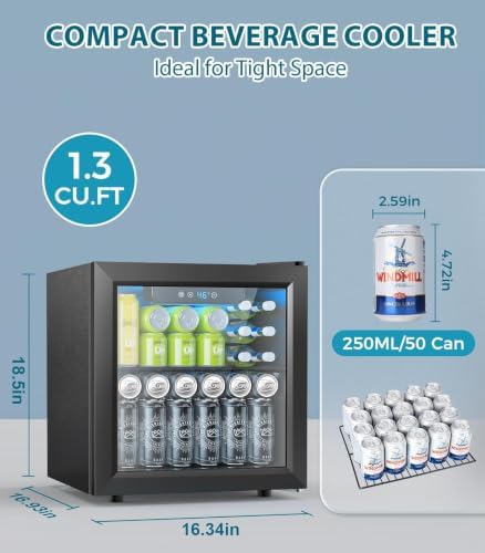 FILMDONGDONG 48 Can Beverage Refrigerator,12 Bottle Wine Cooler with Stainless Steel Glass Door, Digital Temperature Display, Countertop Mini Fridge for Soda, Wine or Beer, Silver - 2