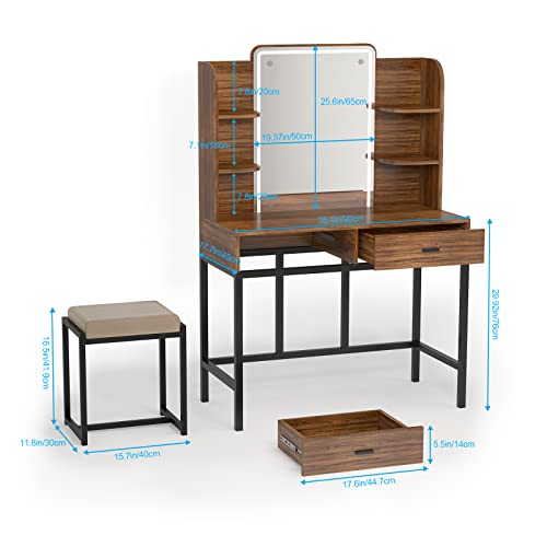 Aousthop Vanity Set With Lighted Mirror, Makeup Vanity Dressing Table With Led Lights, Storage Shelves, Cushioned Stool & 2 Drawers, Dresser Desk For Bedroom, Brown #TOP6