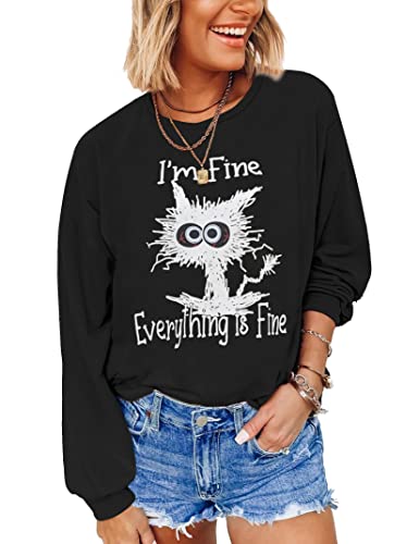 Joyjoy It's Fine I’m Fine Everything Is Fine Womens Sweatshirt, Loose Fit Crewneck Long Sleeve Shirts For Women Tunic Tops Black #TOP1