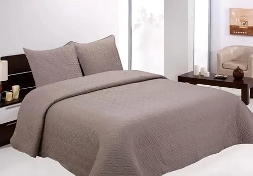 HOMEROKK Boutis Matelassé Couvre Lit Brodé Uni 2 Places - 230 x 250cm + 2 Taies d'oreiller 60 x 60cm (Taupe)