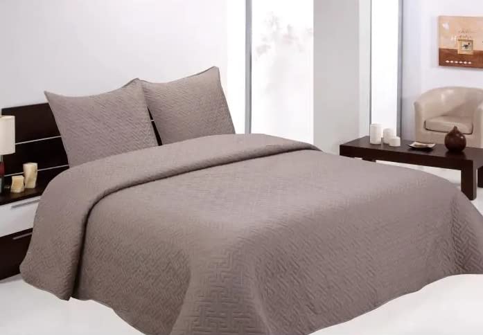 HOMEROKK Boutis Matelassé Couvre Lit Brodé Uni 2 Places - 230 x 250cm + 2 Taies d'oreiller 60 x 60cm (Taupe)