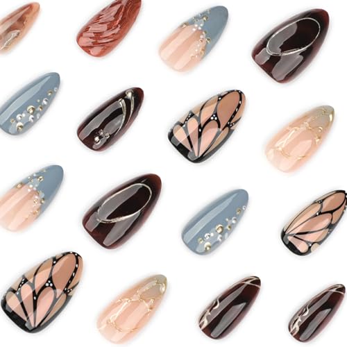 Image of 24 Pcs Fall Press on Nails Brown Fake Nails Gold Line with Design Glossy Full Cover Glue on Nail Brown Ombre Nail Press ons for Women Girls Manicure 24Pcs