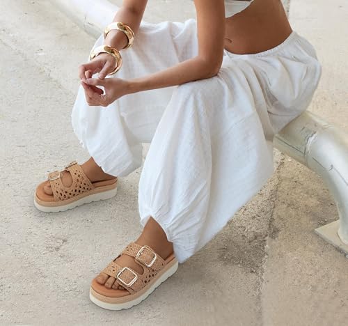 Image of DOEYG Platform Sandals for Women Summer Beach Raffia Slide Sandals Comfortable Casual Woven Straw Sandal with Buckle