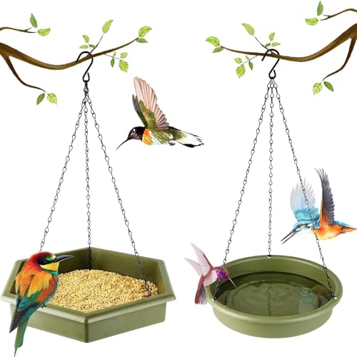 2 PCS Hanging Bird Feeder Dispenser Tray, 2 in 1 Hanging Bird Feeder and Bird Baths for Outdoors, Premium Plastics Mesh Tray and Water Bowl, Automatic Bird Feeder Platform for Decoration (Green)