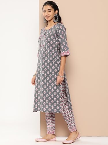 Image of Libas Yellow Yoke Design Cotton Straight Kurta with Trousers & Dupatta