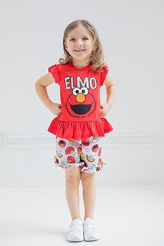 Image of Sesame Street Ruffled T-Shirt and French Terry Shorts Outfit Set Infant to Little Kid Sizes (12 Months - 7-8)
