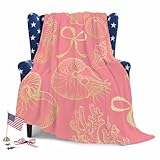 Ocean Shell Throw Blanket 32”×48” for Couch Sofa Bed, Gold Seahorse Shells Bowknot Coral Pink Super Soft Fuzzy Plush Cozy Flannel Blankets for Home, Idea Gifts for Adults Women Men