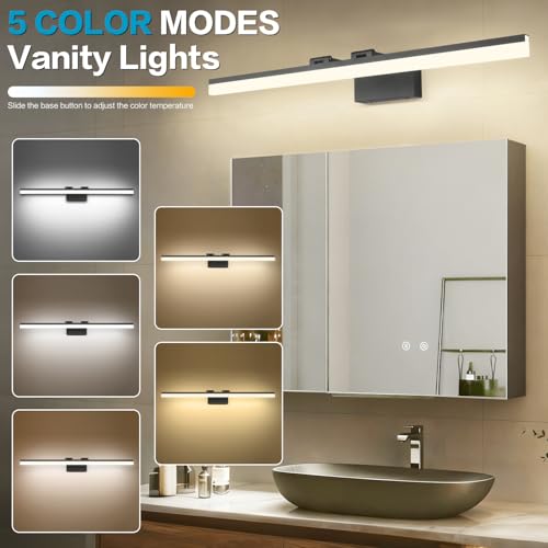 Image of SOLFART Dimmable Matt Black Bathroom Vanity Light Light Fixtures for Bath 39.4 Inch 5 Color Temperature LED Light Above Mirror Bathroom Vanity Lights Over Mirror 5CCT