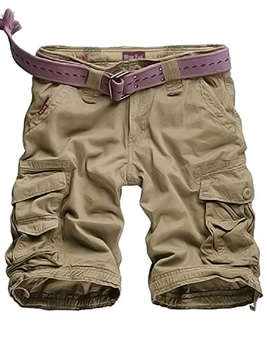 WowFab Mens New Military Multi Pockets Army Cargo Combat Twill Cotton Casual Summer and Indoor Winter Short (34N-Khaki)