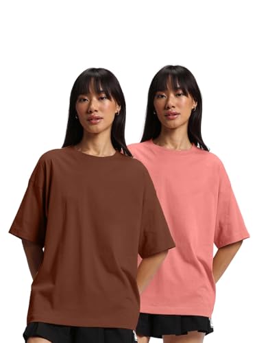 Image of JUNEBERRY Pure Cotton Drop Shoulder Oversized Baggy Fit Half Sleeve Plain Solid Round Neck Multicolor T-Shirt for Women & Girls (Pack of 2) (Sizes S-2XL)