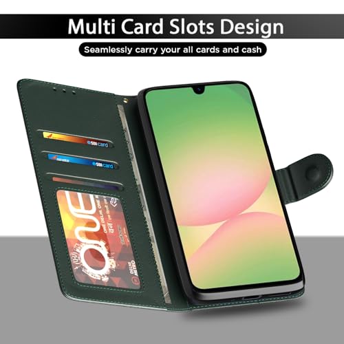 Image of Pikkme Flip Cover for Samsung Galaxy M17 5G / A17 5G / F17 5G Leather Finish | Inside TPU with Card Pockets | Wallet Stand and Shock Proof | Complete Protection Flip Case(Green)