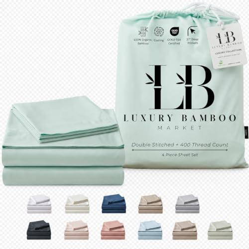 Image of Luxury Bamboo Market | Queen Size Bed Sheet Set | 100% Viscose Made from Bamboo | Organically Grown | Ultra Soft | Cooling Sheets for Hot Sleepers | 17 inch Deep Pocket [Coastal Green]