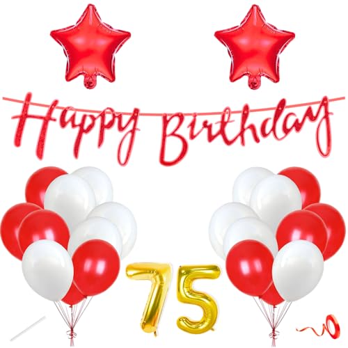 Image of Flyloons 75th Happy Birthday Decoration Kit Red White for Boys Girls Men Women Adults With 20 Pcs Metallic Balloons Birthday Banner 2 Pcs Star Items Set