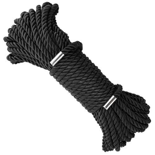 KINGLAKE Soft Silk Rope,8MM Black Rope,50 Feet Skin Friendly Soft Nylon Rope,Long Satin Silk Cord,Thick Silk Rope,Twisted Braided Rope Cord for Crafts Decoration Hanging Clotheslines Camping Outdoor