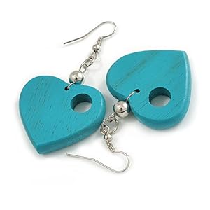 Pastel Turquoise Cut Out Heart Wooden Drop Earrings – 55mm Long