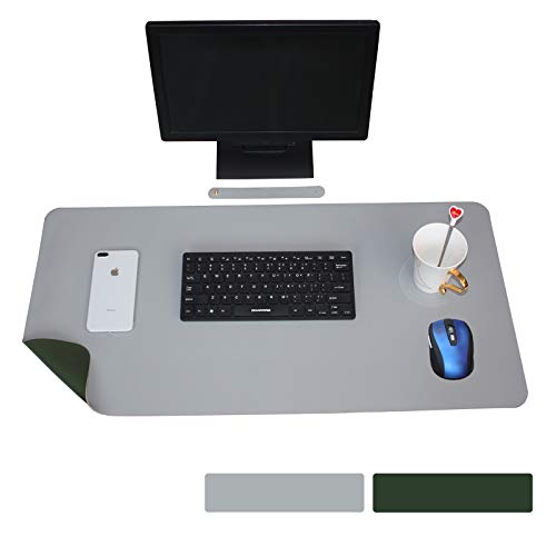 Dual-Sided Desk Pad, Non-Slip PU Leather Desk Mat, Waterproof Desk Blotter Protector, Laptop Desk Pad, Ultra Thin Mouse Pad, Desk Writing Mat for Home and Office (Gray/Green, 31.5