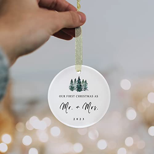 First Christmas As Mr And Mrs Ornament 2023,1St Year Wedding Ornament For Newlywed,Our First Married Christmas Ornament,Ceramic Hanging Decoration For Couples Just Married With Gift Box&Ribbon (2.9" #TOP3