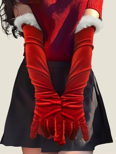 Women Red Long Velvet Gloves with White Furry Cuff Elbow Length Finger Gloves Christmas Santa Party Costume4