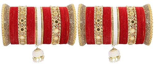 LAVAZZA Traditional Red Chuda Set For Bridal Women and Girls with Stone & Mirror Work | Stylish Chooda For Women | Punjabi Chuda Set Red | Designer Velvet Chuda Bangles-(Chuda4-Red-2.2)