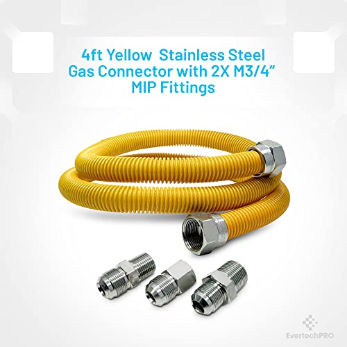 Evertechpro 581212Mf48C 4Ft/48" Flexible Yellow Coated Natura Gas Line 5/8" Od X M1/2" X F1/2" With Additional M3/4" Fitting Stainless Steel Hose Connector Kit For Gas Fireplace Stove Water Heater #TOP2