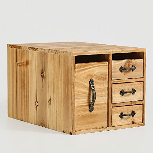 Juleduo Rustic Beauty Organizer 4 Drawers - Wooden Cosmetic Storage Box for Neat & Home Office Desk &Organize &Storing of Makeup Tools,Bathroom Counter-top (Wood Color, L)