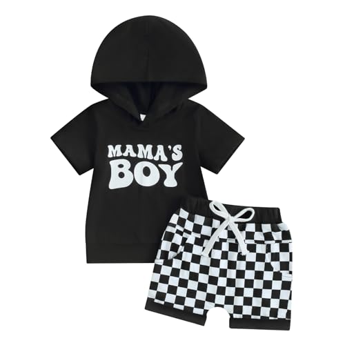 Image of Amnnchya Toddler Clothes For Baby Boys Summer Shorts Set Mamas Boy Short Sleeve Hooded Shirt Checkerboard Infant Outfit (Black, 0-6 Months)