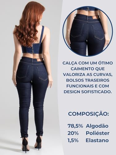Calça Jeans Feminina Sawary Skinny Lycra Elastano Original Cintura Alta Elegante Premium (BR, Cintur