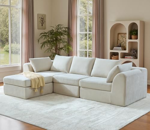118″ Cloud Sofa for Living Room Sectional Couches, Modern L-Shaped Modular Sectional Sofa, Cloud Couchs Deep Seat Chenille & Boneless Couch-Oversized 3-Seater Couch and Movable Ottoman –Warm White