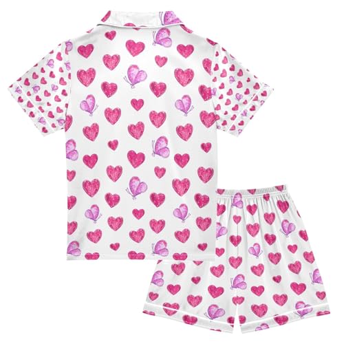 senya Hearts and Pink Butterflies Satin Summer Pajama Sets Silk Short Sleeve Button Down Sleepwear2