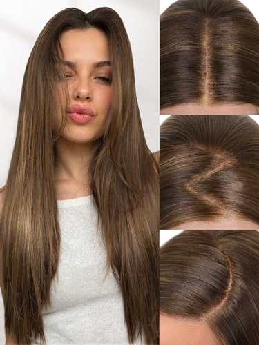FAVE 13x4 HD Spitze Perücke kleberfrei Synthetic Lace Front Perücke für Frauen 65cm Honigblond mit Strähnen vorpräparierte Haaransatzlinie natürlicher Look täglicher Scheitelwechsel