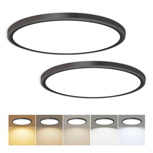 Hunhun 2 Pack 3200lm LED Flush Mount Ceiling Light 28W 12 Inch 5CCT Adjustable Super Slim 0.87 inch Round Ceiling Lamp for Bedroom, Living Room, Kitchen, Laundry - Black