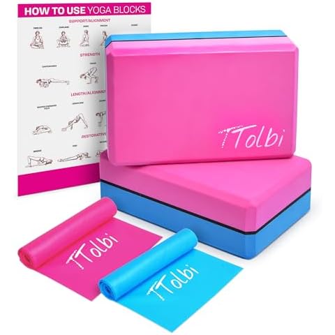 Yoga Blocks 2 Pack Kit with Resistance Bands & Guide: Non-Slip EVA Foam Block - Ideal Stretching Equipment for Home Workouts, Dance, Ballet, Gymnastics, Pilates, Exercise - Stretch Strap Stuff Props Cover