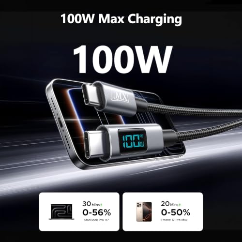 Image of MX 100W USB C to USB C Fast Charging Cable with LED Display, 5A Type C to Type C Fast Charging Nylon Braided Cable, 480Mbps Data Transfer, 2Meter Tangle-Free Cable for MacBook, Laptop, iPad & Phone